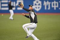 　右翼の守備につきノックを受ける佐藤輝