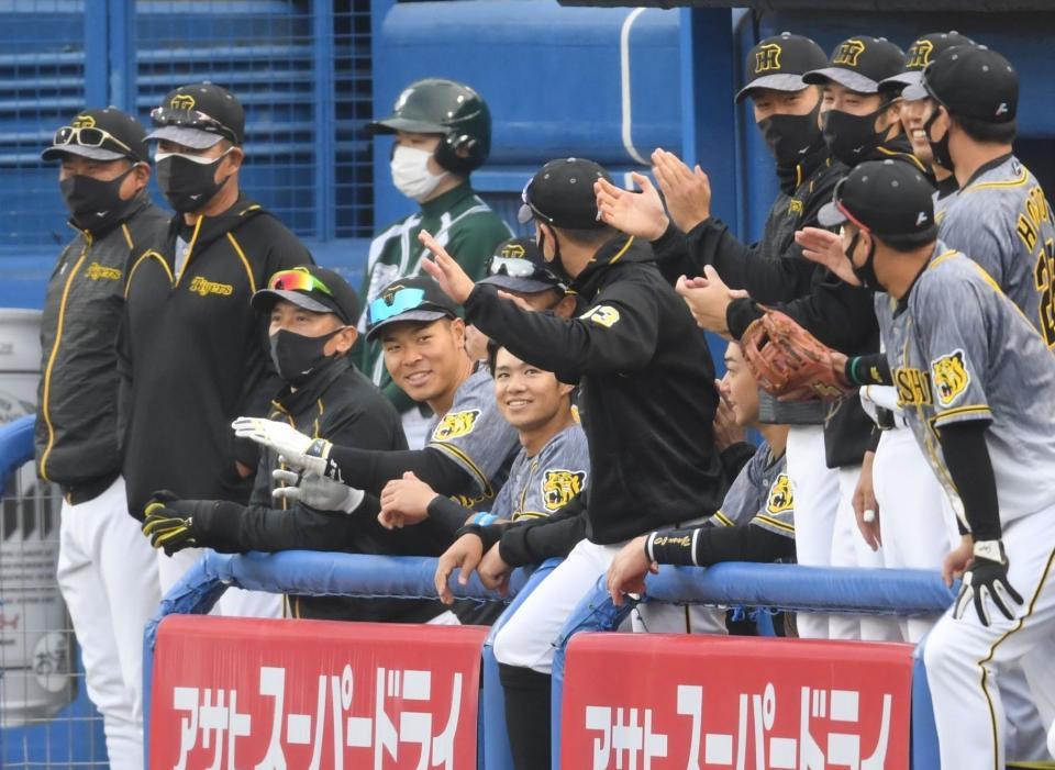 　９回、陽川のソロ弾にベンチで喜び合う佐藤輝、矢野監督（左側）らナイン（撮影・田中太一）