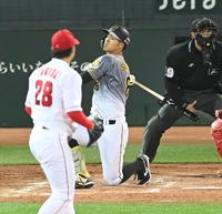 ４回、空振り三振に倒れる阪神・佐藤輝＝マツダスタジアム（撮影・飯室逸平）