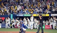 　９回、山本がサヨナラ打を放ち、ベンチから飛び出す阪神ナイン