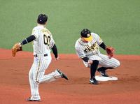 　４回、山本は京田の打球を糸原にトスするも捕球できず（撮影・山口登）
