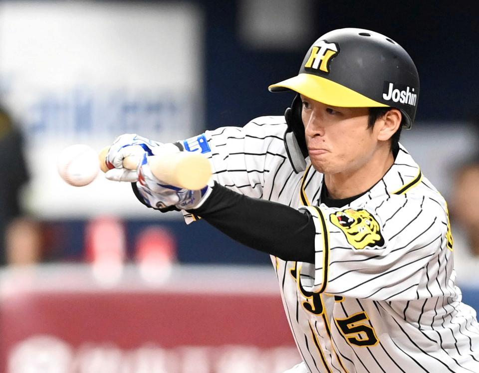 　７回、近本はバントを決め内野安打とする