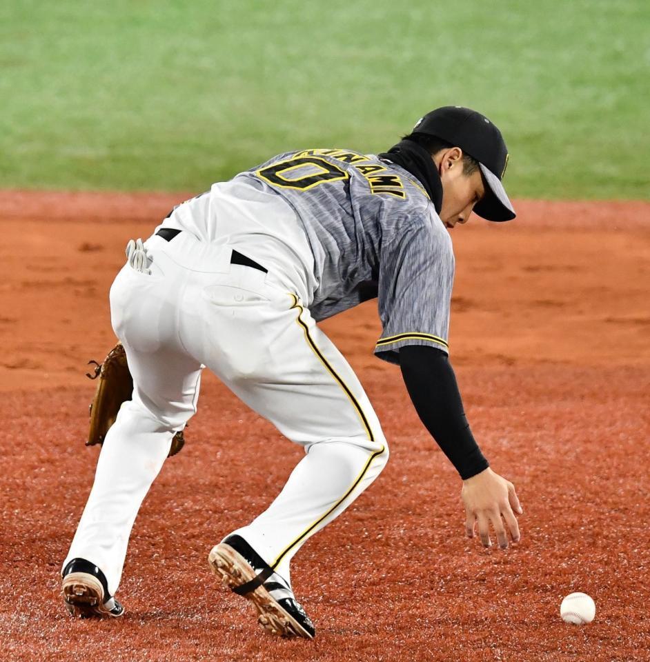 　８回、佐野の打球をファンブルする木浪（撮影・高石航平）