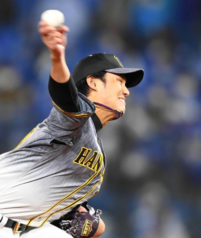 　７回、歯を食いしばり力投する藤浪