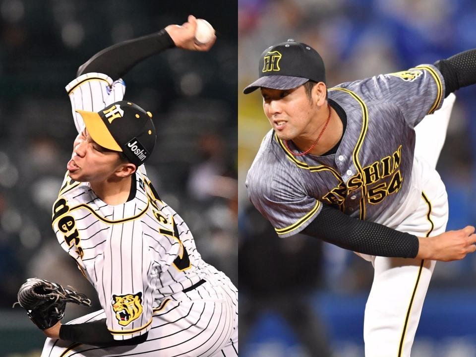 　阪神・石井大（左）と加治屋