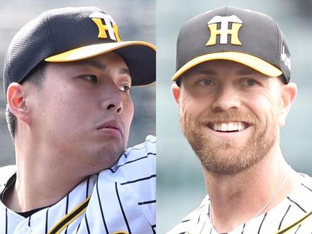 　阪神・馬場（左）とエドワーズ