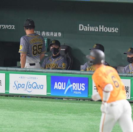 ２回巨人１死一塁、２ランを放った巨人・坂本勇（右手前）を見つめる阪神・矢野監督（左から二人目）＝東京ドーム（撮影・高石航平）