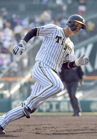 　６回、佐藤輝は木浪の適時二塁打で本塁に向かう（撮影・山口登）