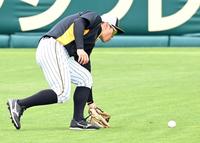 　右翼で守備練習する佐藤輝（撮影・飯室逸平）