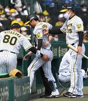 　１回、自打球を当て、ベンチ奥に引き揚げる近本（中央）＝撮影・北村雅宏