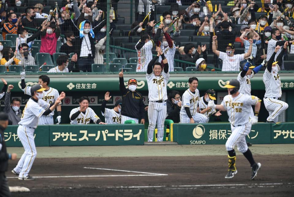 ７回、ジェリー・サンズが２ランを放ち阪神ナインは大喜び＝甲子園（撮影・山口登）