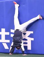 　逆立ちする西勇（撮影・田中太一）