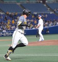 　２回、先制となるソロを放ち、一塁へ駆け出す佐藤輝（撮影・北村雅宏）