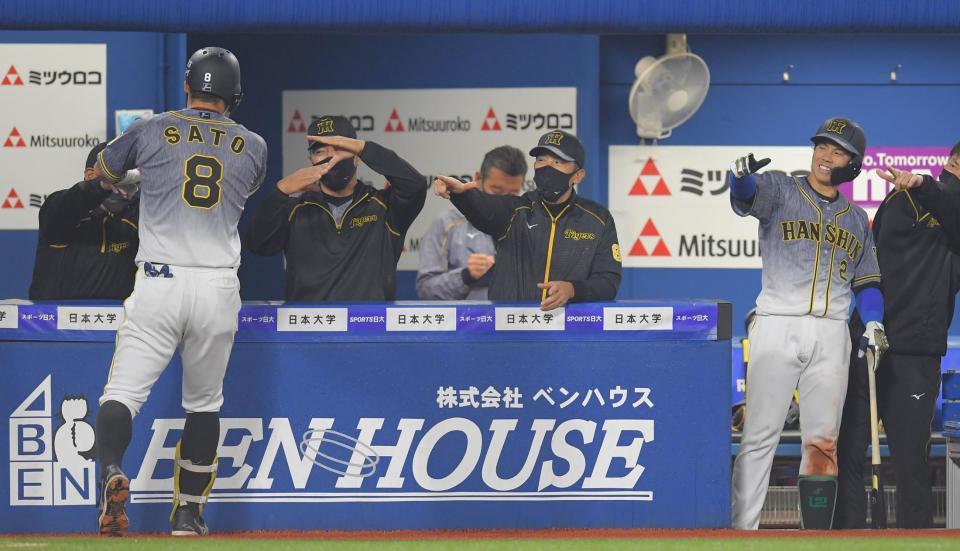 ４回阪神無死、ソロを放った阪神・佐藤輝明（８）をＺポーズで迎える阪神ナイン＝横浜スタジアム（撮影・高石航平）