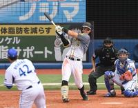 　５回、右前適時打を放つ佐藤輝（撮影・金田祐二）