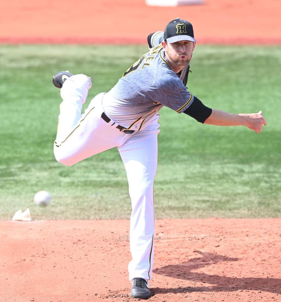 力投する阪神先発の阪神・ジョー　ガンケル＝横浜（撮影・飯室逸平）