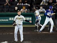 　８回、中日・ガーバーを三振に仕留める阪神・岩崎優（撮影・田中太一）