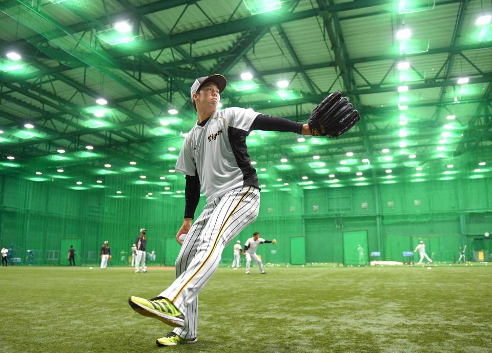 室内練習場の照明の下でキャッチボールする青柳　