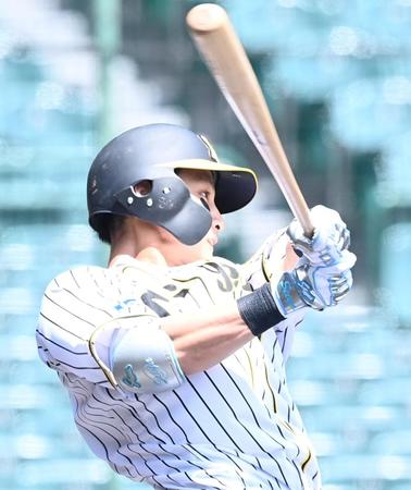 　１回、先制犠飛を放つ木浪（撮影・飯室逸平）