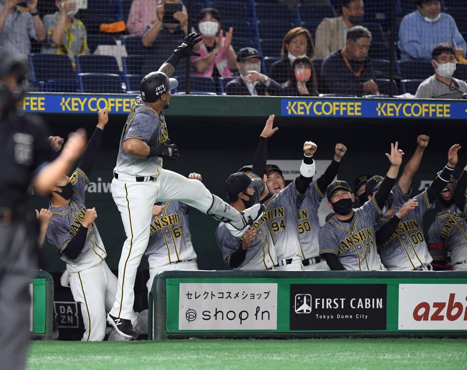 ４回、同点ソロを放ち、ラパンパラポーズを決めるマルテ（左）と阪神ナイン（撮影・佐藤厚）