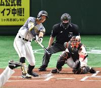 １回、左越えに先制二塁打を放つ佐藤輝（撮影・西岡正）