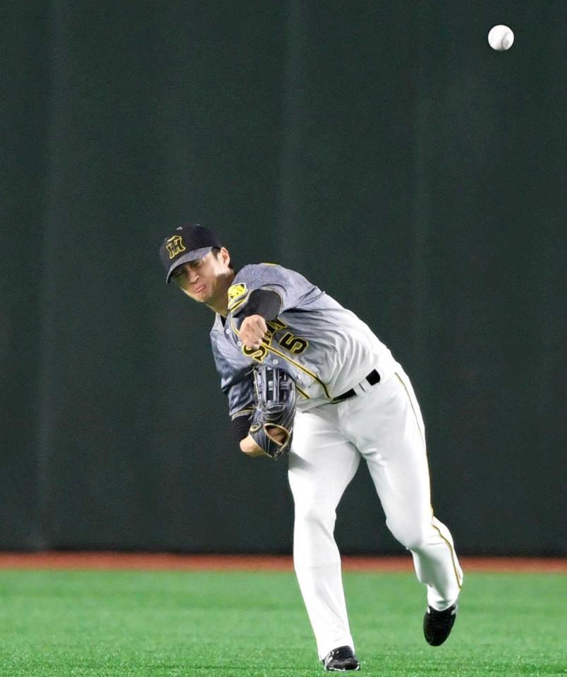 　２回、吉川の中前打で三塁を狙った一走・若林（下）は、中堅手・近本の好送球でタッチアウトになる