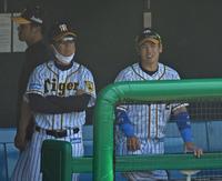 　ベンチで平田二軍監督（左）と話す梅野