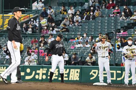 ２回、ロッテ・佐々木朗（左手前）から同点適時打を放った阪神・佐藤輝は右手を挙げる＝甲子園（撮影・田中太一）