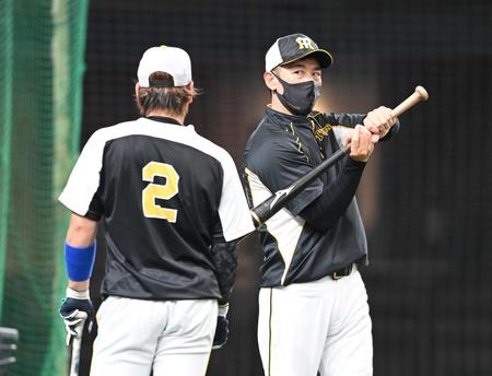　梅野にアドバイスを送る矢野監督（撮影・飯室逸平）