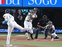 ４回、投ゴロに倒れる佐藤輝（撮影・高石航平）