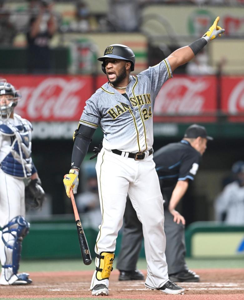 ９回、ファウルフライがネットに当たったと猛アピールするロハス（撮影・飯室逸平）