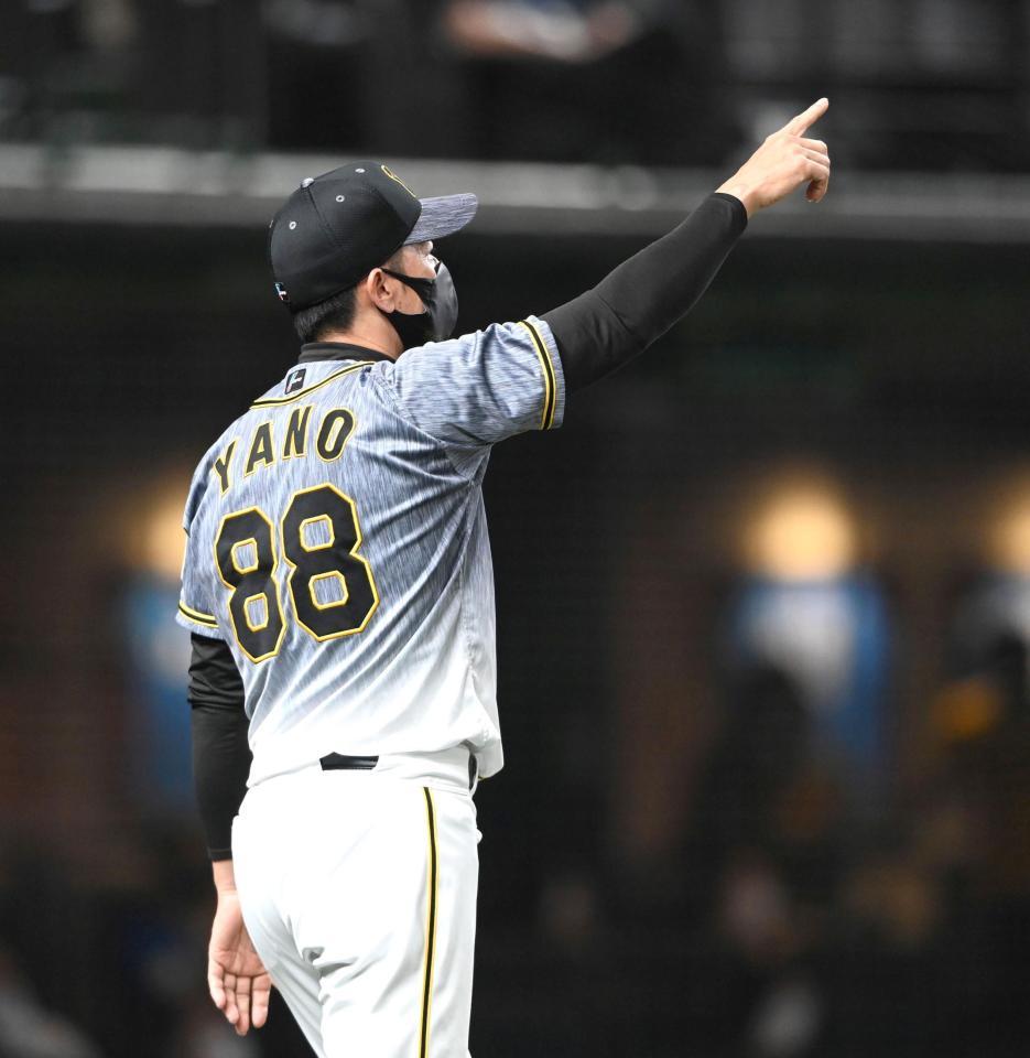 ９回、ロハスの左邪飛がネットに当たったのではとアピールする矢野監督（撮影・飯室逸平）