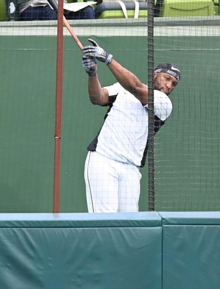 ブルペンでティーバッティングに打ち込むロハス（撮影・高石航平）