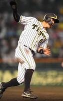 ７回、原口の左前打で三進する阪神二走・佐藤輝＝甲子園（撮影・北村雅宏）