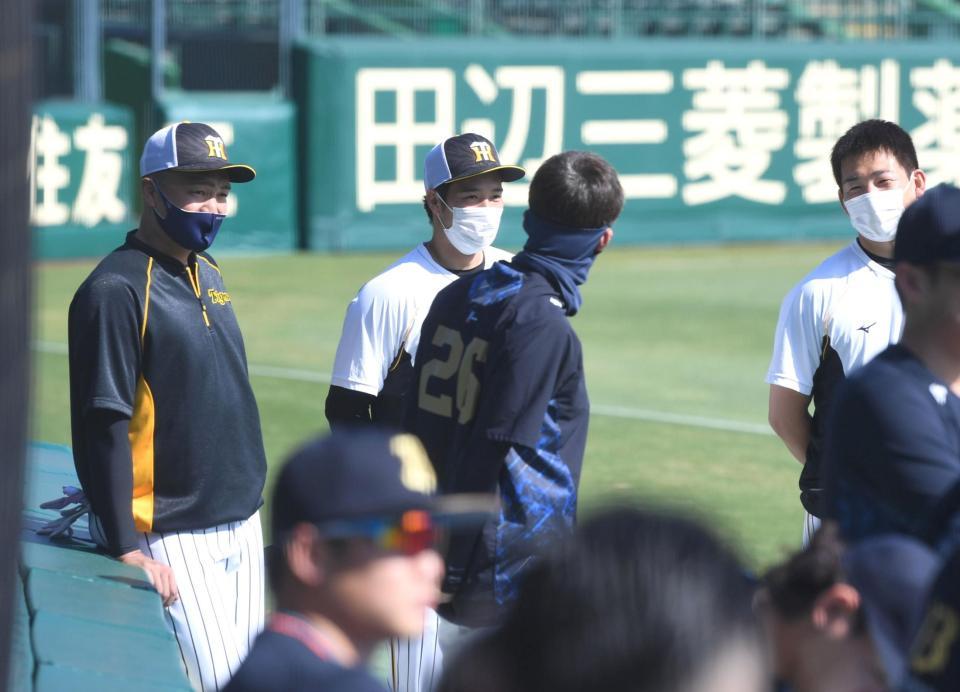試合前、オリックス・能見（２６）と話す（左から）阪神・秋山、青柳、岩崎（右）＝甲子園（撮影・北村雅宏）