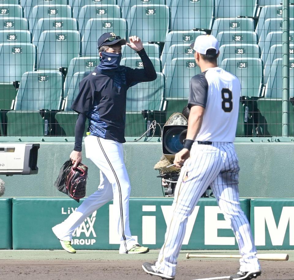グラウンドに姿を見せるオリックス・能見（左）を見る阪神・佐藤輝（８）＝甲子園（撮影・飯室逸平）