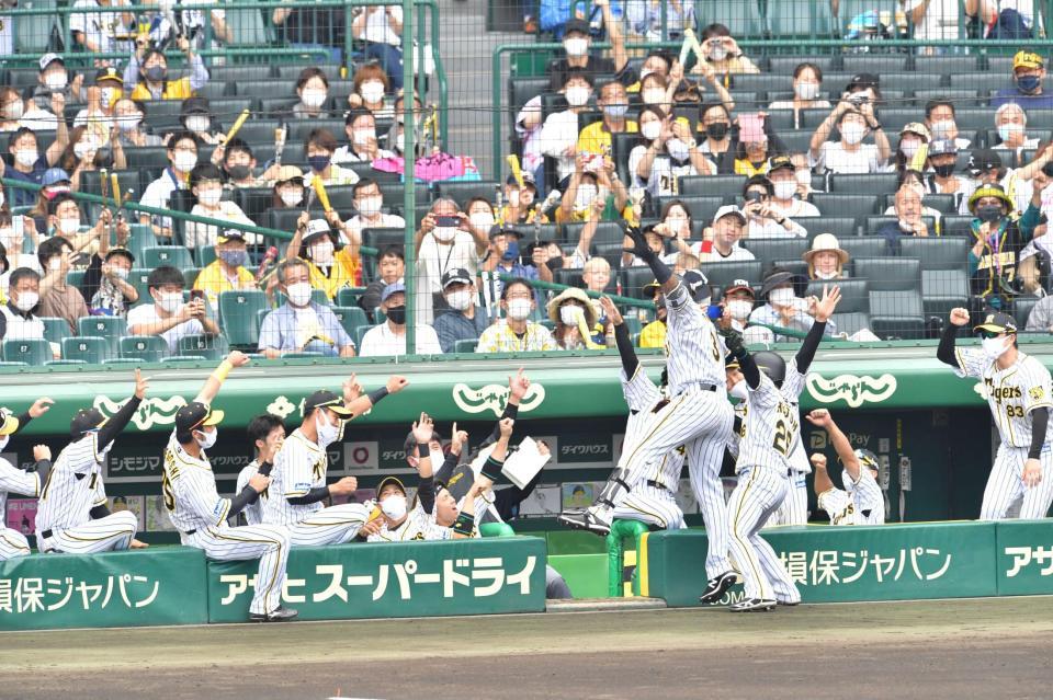 　３回、先制２ランを放ちナインと喜び合うマルテ（中央右）＝撮影・吉澤敬太