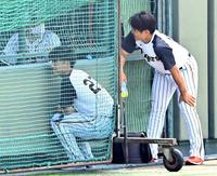 　高橋遥の投球練習を見る西純（右）と伊藤将（代表撮影）
