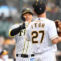 ６回、ソロを放ち伊藤将司（右）とタッチを交わす阪神・佐藤輝明＝甲子園（撮影・北村雅宏）