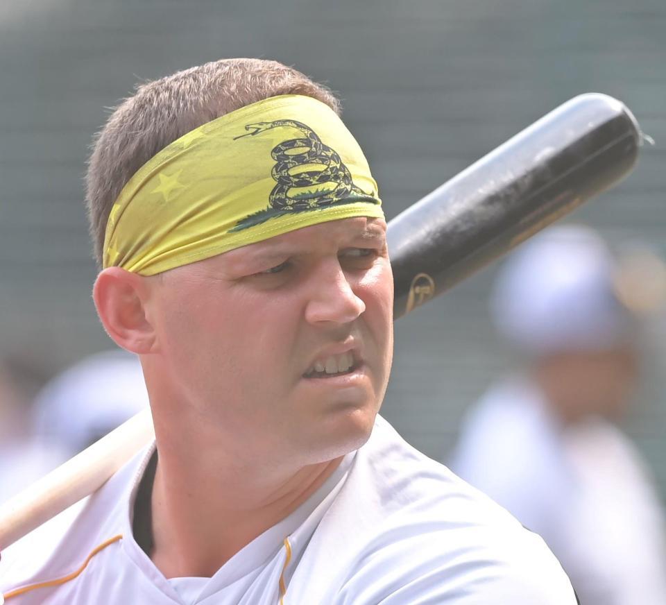 　大蛇の模様を施したハチマキを巻いて打撃練習に励む阪神・サンズ（撮影・高部洋祐）