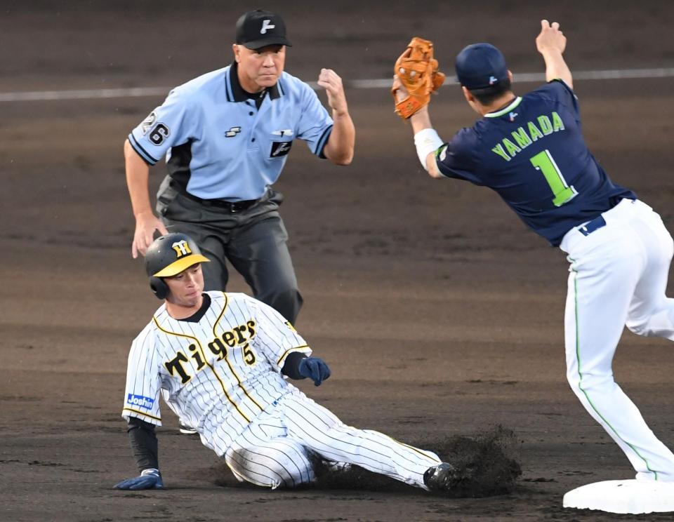 　１回、二盗を決める阪神・近本（撮影・田中太一）