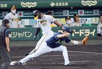 　８回、送りバントを失敗し、併殺に倒れる阪神・小野寺（撮影・田中太一）