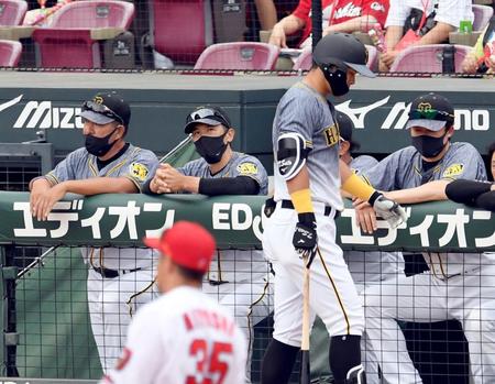 　９回、５打席連続三振を喫しベンチへ戻る佐藤輝（手前右）と険しい表情でグラウンドを見つめる矢野監督（撮影・田中太一）