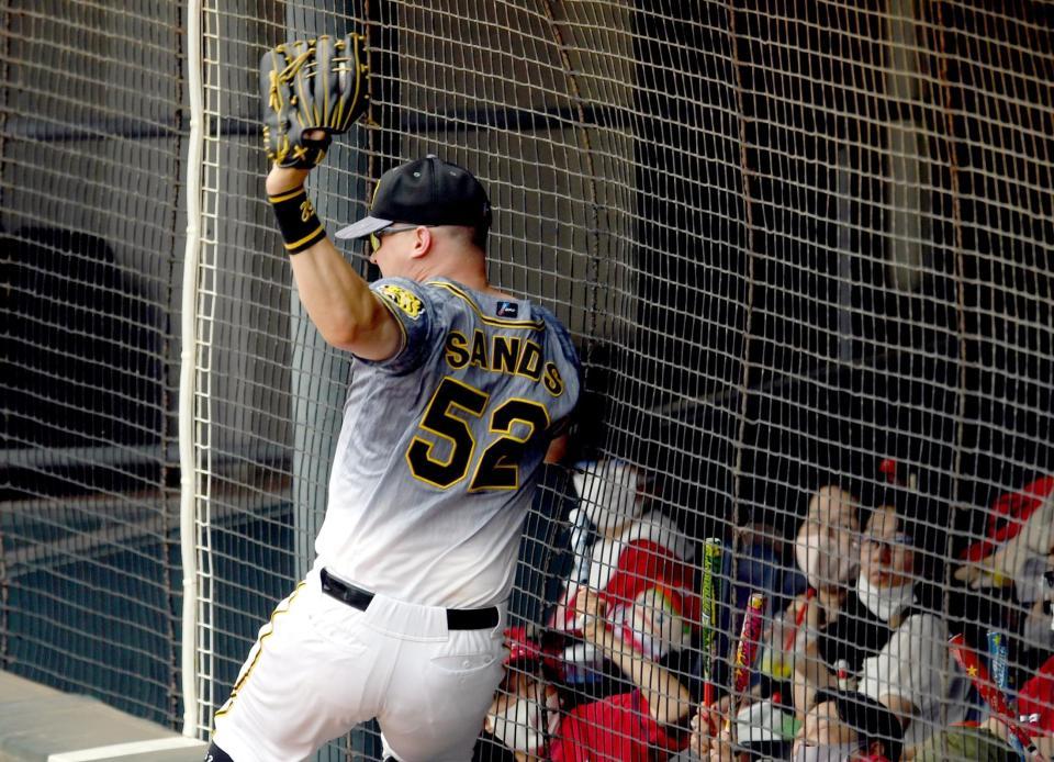 　５回、小園の打球をフェンスに激突しながらキャッチするサンズ（撮影・田中太一）