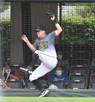 　５回、フェンスに激突しながら小園の打球を好捕する左翼手・サンズ