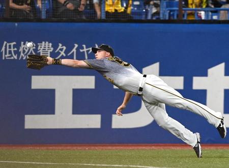 　６回、川端の打球を好捕するサンズ（撮影・飯室逸平）
