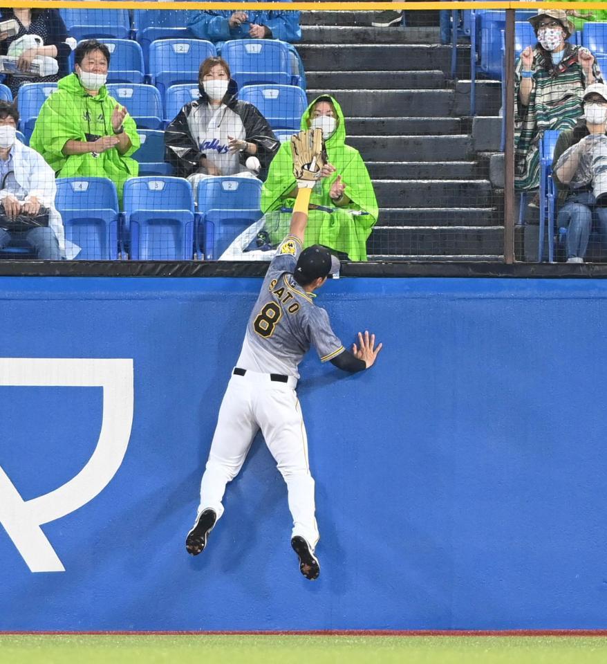 　４回、佐藤輝は村上の打球を懸命に追うも一歩及ばず（撮影・飯室逸平）