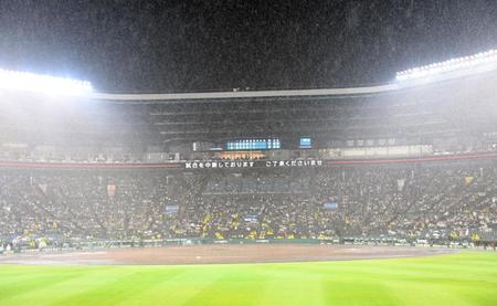 　突然の豪雨で試合が中断される甲子園（撮影・飯室逸平）
