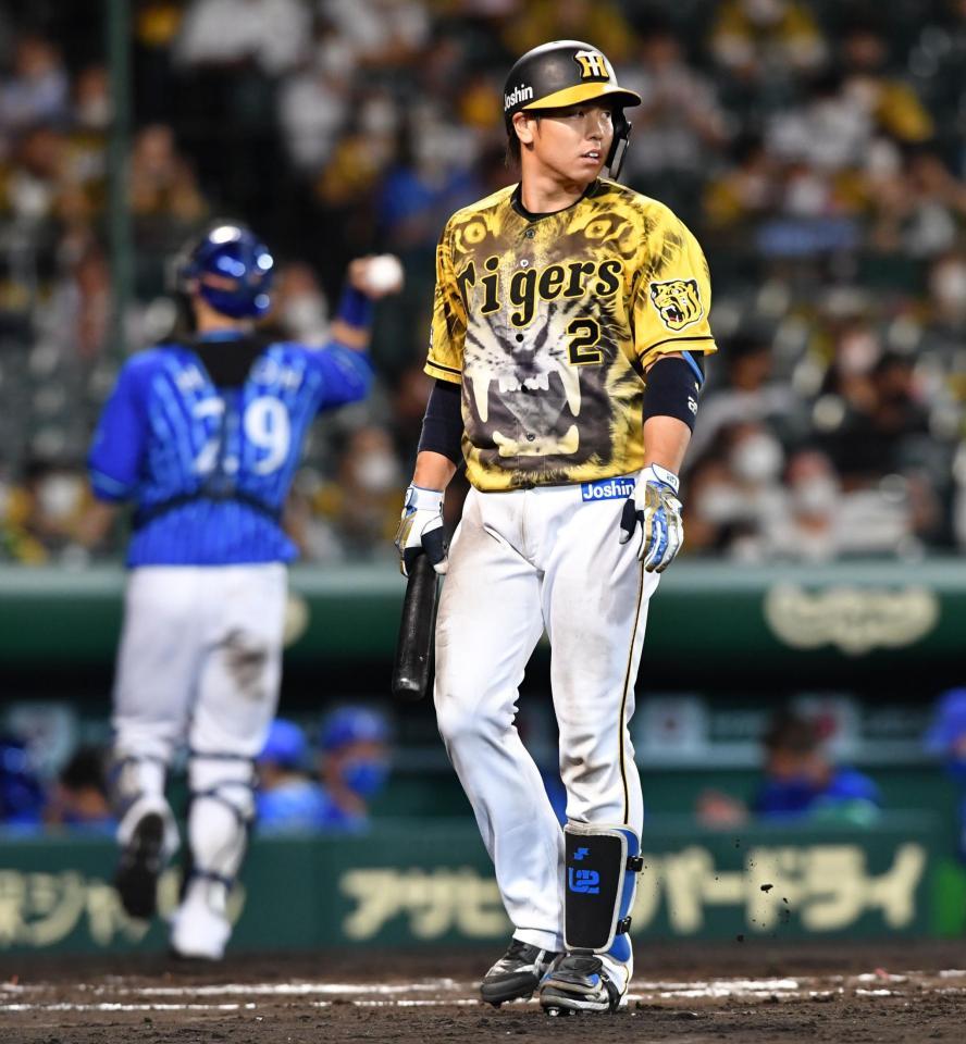 　６回、空振り三振に倒れた梅野（撮影・佐々木彰尚）