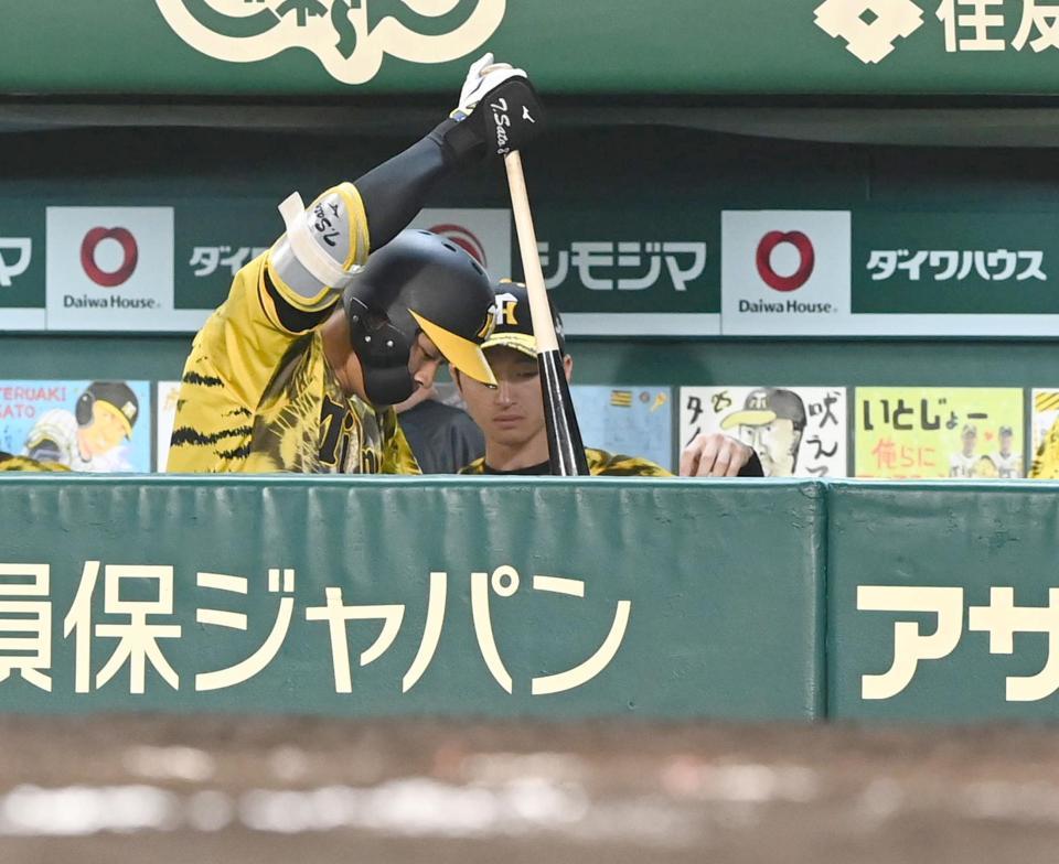 ８回、ベンチでバットを叩きつけ悔しがる佐藤輝＝甲子園（撮影・飯室逸平）